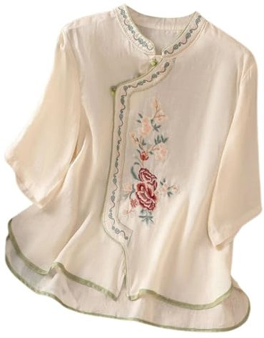2025- Chemise Femmes Grande Taille, Style Chinois Rétro Coton Lin Haut, Exquise Broderie Traditionnelle Hanfu Blouse, Traditionnelle Chinoise Vintage à Manches Longues Tang