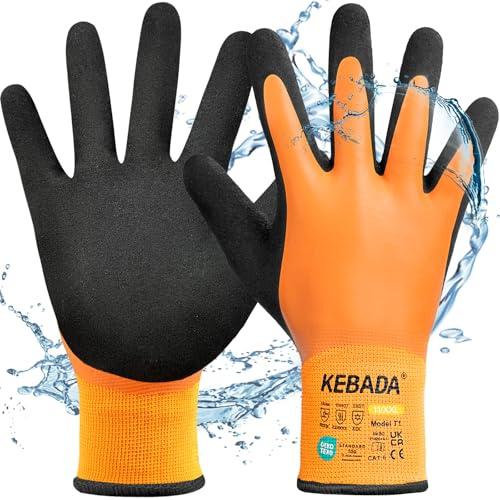 Kebada Winter Work Gloves for Men & Women, Waterproof & Thermal, T1, 1 Pair | Size 11/XXL, warm lined safety glove, latex coated strong grip for freezer, warehouse, fishing, gardening & cold outdoor work