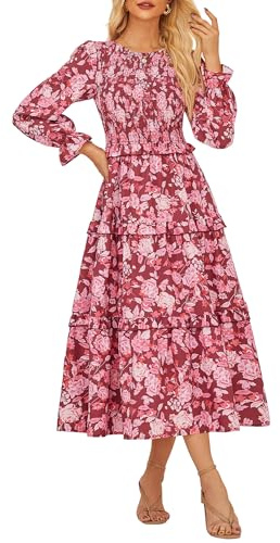 GRACE KARIN Women's 2025 Boho Long Elegant Long Sleeve Maxi Dress Casual Round Neck Floral Dress CL146-03 M Dark Red