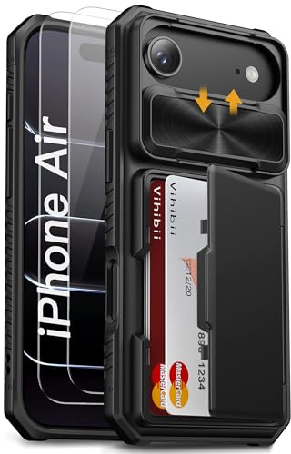 Vihibii für iPhone Air Hülle mit [2X Displayschutz], Kartenfach (4 Karten), Kameraabdeckung Schieben, Kratzfest Robuste RFID Blocker Silikon Handyhülle für iPhone 17 Air 6.5 Zoll 2025, Schwarz
