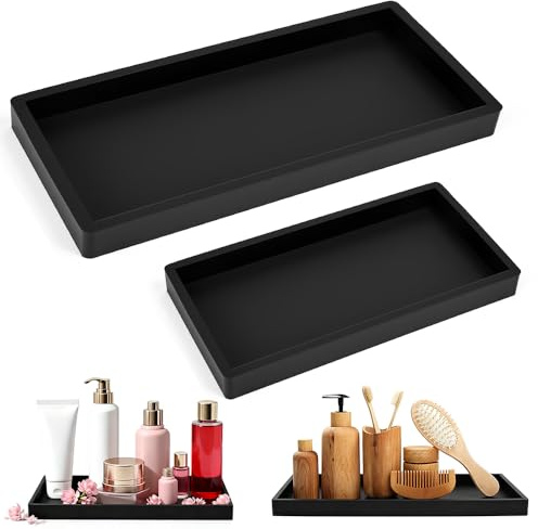 Vijixka 2 STK Badezimmer Tablett Silikon Dekotablett Schwarz Ablageschale | Rechteckig Badezimmertablett Schminktablett Kosmetiktablett Deko Tablett für Bad, Küchenspüle (30.5x12.8cm, 20.5x10.4cm)