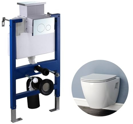 Bathroom Round Wall Hung Toilet Short Projection WC Pan UF Soft Close Seat with 0.82M Concealed Cistern Frame-08201