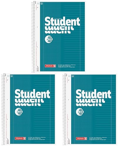 BRUNNEN Collegeblock Student „DUO“ | A4, kariert/liniert, 80 Blatt, petrol (A4 (Packung mit 3))