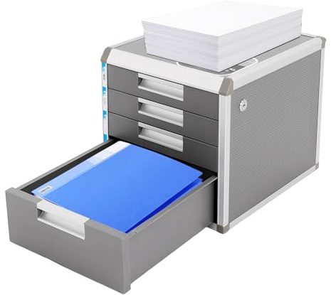 FROPIJ Metall Schubladenbox A4 & Ablagebox aus Aluminiumlegierung - Schubladenschrank Metall | Aktenschrank | Dokumenten Aufbewahrung | Abschließbar | Organizer Büro für Dokumente (4 Ebenen)