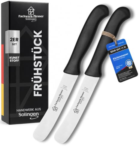 Fachwerk-Messer Buckelsmesser 2er-Set, Kunststoffgriff, Solinger Handarbeit | Zwei spülmaschinengeeignete Frühstücksmesser mit rostfreier Klinge, glattem V-Schliff und schwarzem Kunststoffgriff