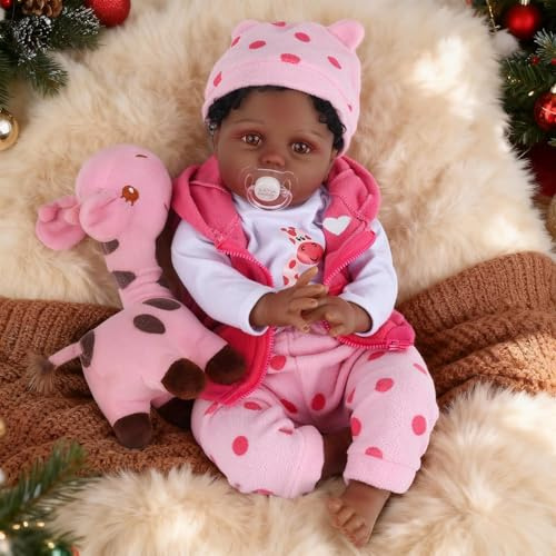 CAMANDY Bambole Reborn Realistica in Silicone Morbido 55 cm, Rosa, con Giraffa di Peluche e Ciuccio, Regalo di Natale