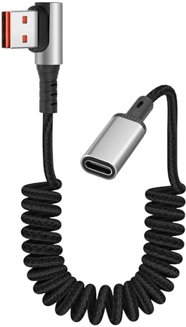 YACSEJAO 90 Grad USB A Verlängerung Ladekabel Kurz Einziehbares | Feder-Spiralkabel 60W USB A Stecker auf USB C Buchse Datenverlängerungskabel,Geflochten,für Handy/Laptops