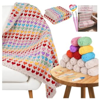 Arborthread Crochet Blanket Kit for Beginner, Nostalgic Rainbow Heart | Blanket Crochet Kit w/Premium Yarns – Detailed Video & Instructions for Adults & Kids, with Heart Edging, Ideal DIY Gift