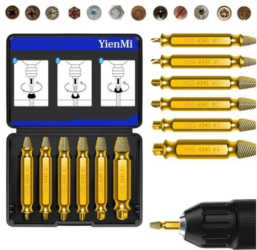 Schraubenausdreher Set 6 Stück, Hergestellt aus HSS 4341, Beschädigte Schraube Entferner Extraktor Set, Extraktor zum Entfernen fester & beschädigter Schrauben, Gold