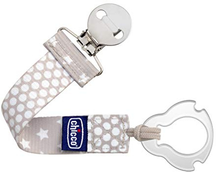 Chicco Two-in-One Pacifier Clip with Loop & Ring Attachment, Loop for Teethers and Small Toys, Ring Included for Knob-Style Pacifiers, Secure Clasp is Gentle on Clothing, One-Piece Design, Grey
