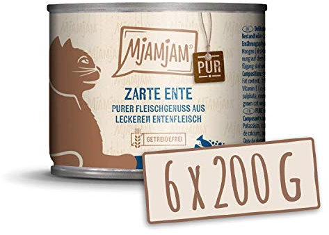 MjAMjAM - nourriture humide premium pour chats - pur plaisir de la viande - tendre canard pur, pack de 6 (6 x 200 g), sans céréales avec supplément de viande