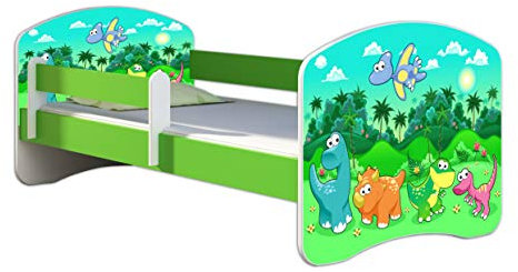 ACMA Kinderbett Jugendbett mit Einer Schublade und Matratze Grün mit Rausfallschutz Lattenrost II 140x70 160x80 180x80 (30 Dino, 180x80)