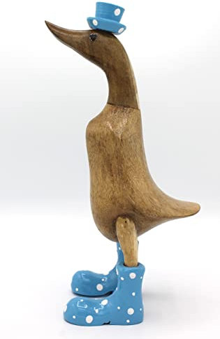 Ente zur Dekoration aus Holz 25 cm mit Stiefeln und Hut in blau Deko Laufente
