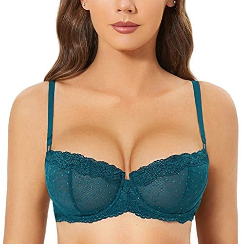 DOBREVA Women's Sexy Lace Balconette Bra Unlined Underwire Open Half Cup Bra See Through Sheer Balcony Bra Spruce Green 34C