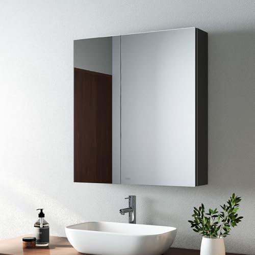 EMKE Bathroom Mirror Cabinet Double Door - Wall Mounted Bathroom Cabinet Storage Cupboard with Adjustable Shelf, Waterproof Bathroom Wall Storage Cabinets, Black 60L x 65H x 14.5D cm