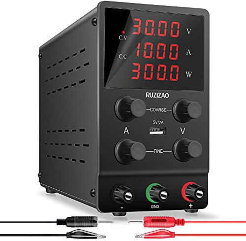 RUZIZAO Alimentatore da Banco 30V 10A Alimentatore da Laboratorio DC Regolabile Stabilizzato Display LED a 4 Cifre Porta USB 5V/2A