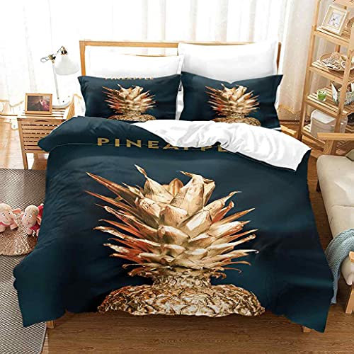 SNDTXE 3D Bettwäsche Ananas Mit Goldener Frucht Bettbezug Und Kissenbezüge Mit Reißverschluss Dekorative Mikrofaser Bettwäsche Set Neujahrsgeschenke Für Jungen Mädchen Und Jugendliche 155x220cm