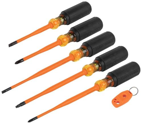 Klein Tools 33736INS Insulated Screwdriver Set, 1000V Slim-Tip Driver with Phillips, Cabinet and Square Bits and a Magnetizer, 6-Piece