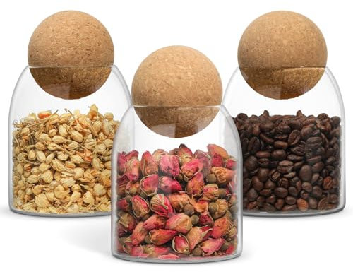 ComSaf Lot de 3 petits bocaux en verre avec bouchon en liège - 473 ml - Avec couvercles en liège - Bocaux décoratifs pour café, sucre, sel, cotons-tiges d'apothicaire