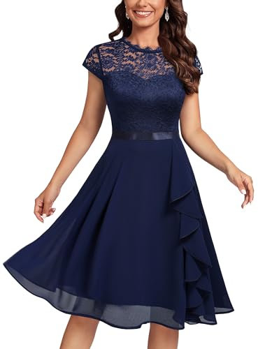 MIUSOL Women's Vintage Lace Contrast Chiffon Ruffles Classy Party Flared Swing Dress (Large, B-Navy Blue)