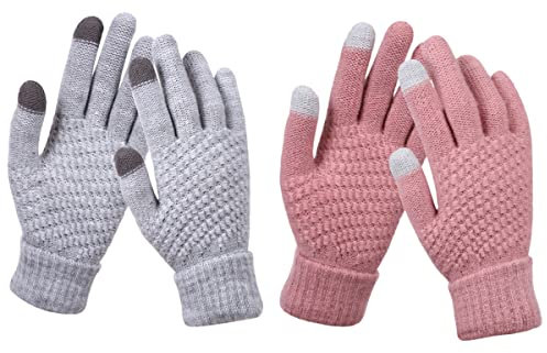 Rayson 2 Pares Guantes Termicos Mujer Invierno con Pantalla Tactil Forro Polar Gloves Winter Guantes Tactiles de Punto para Movil Ciclismo Deportes(Talla única, Rosa y Gris)