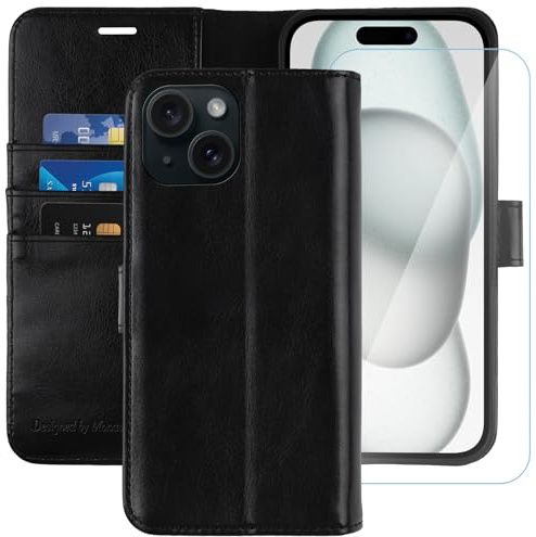 MONASAY Wallet Case for iPhone 14/15 PLUS with 3 Card Holders - Black | Kickstand,RFID Blocking,6.6 feet of shock absorption,PU Leather, Strong Magnetic Closure, Fits 6.7 inch ONLY,Protective film