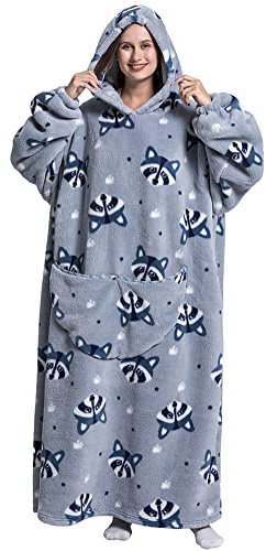 Kuscheldecke Flauschig mit Ärmeln und Kapuze Plaid Deckenpulli Hoodie Decke mit Tasche Oversize Wärm Pullover Sofadecke Schlafanzug Kapuzenpullover für Camping Geschenkidee(Einheitsgröße,Waschbär)