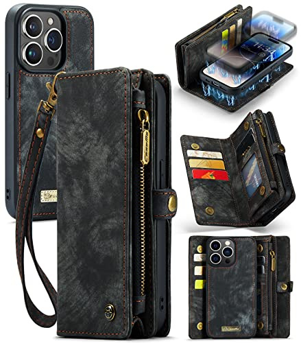 UFinetech für iPhone 14 Pro Hülle, Flip Leder TPU Stoßfest Kartenfach Tasche Handyhülle für iPhone 14 Pro, Magnetisch Klapphülle Kratzfest Abnehmbare Reißverschluss Band Schutzhülle Case, Schwarz