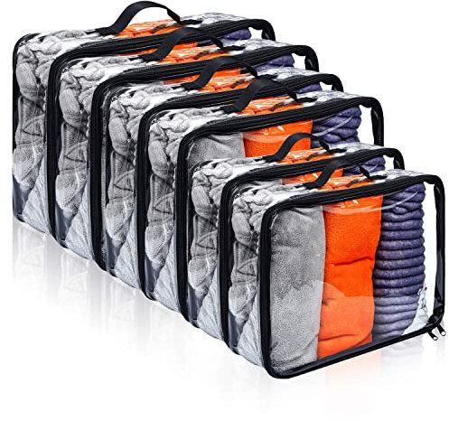 Hillban 6 Stück große, transparente Reiseverpackungswürfel, 3 Größen, durchsichtig, PVC-Organizer für Koffer, Mehrzwecktasche mit Griff, Vinyl-Aufbewahrungstaschen, Gepäckwürfel, Organizer, Schwarz,