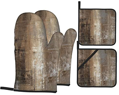 MIFSOIAVV Dunkelbraune Ofenhandschuhe und Topflappen, 4er-Set, braun, abstrakt, moderne Kunst, Küchenhandschuhe, hitzebeständig, Ölgemälde, Topflappen, Ofenhandschuhe, Set für Küche, Grillen, BBQ