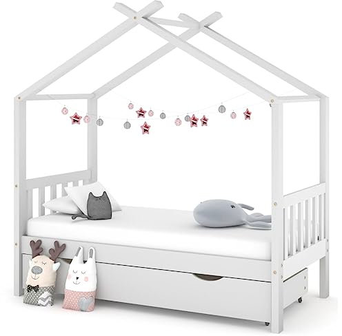 puraday Kinderbett mit Schublade Weiß Massivholz Kiefer Hausbett 80x160 cm Bett Kinder Hausbett Deko Toddler Bed Holzbett für Kinder Baumhaus Design Kann Vorhänge Hängen Elegant und Praktisch