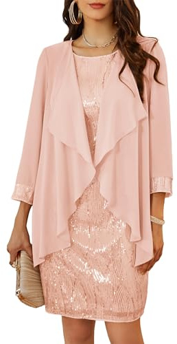 GRACE KARIN Damen Ärmelloses Rundhals Pailletten Cami Kleid Elegant Zweiteiler Tüll Cardigan Abendkleider für Party