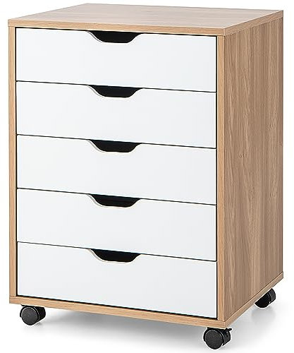 COSTWAY Cajonera con 5 Cajones, Cajonera Escritorio con Ruedas, Archivador Móvil de Oficina, 50x42x67cm, (Natural)
