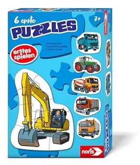 Noris 606012167 - 6 erste Puzzles: Fahrzeuge (Puzzle ab 3 Jahre) - Kinderpuzzle mit Traktor & Co, 6 Puzzles mit je 2-5 großen Teilen, Spielzeug für Kleinkinder & Kinder, Weiß