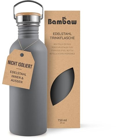 Bambaw Borraccia Acciaio 750 ml, Non Isolata Borraccia Metallo Grigia, Borraccia Palestra, Borraccia Leggera, Borraccia Sport, Borraccia Riutilizzabile – Grigio Antracite