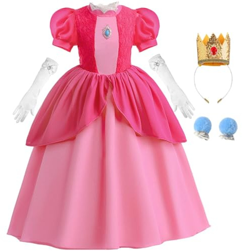 Snyemio Costume Principessa Peach per Bambina Vestito Rosa per Halloween Carnevale Cosplay Compleanno