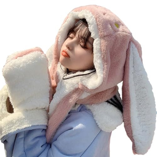 Ailan Plüsch Hasenohren Hut Schal, gemütlich und niedlich für den Winter, Langer Schal, Kaninchenohren Schal, Kapuzenpullover, Schal, Plüsch Schal mit Kapuze, warm, Rosa