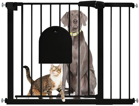 SUBTLETY Türschutzgitter mit Katzenklappe Auto Schließen Treppenschutzgitter Ohne Bohren Hundegitter mit Katzentür Erweiterbar Absperrgitter Schutzgitter für Kinder & Haustiere (Schwarz, 95-105cm)