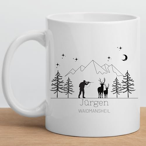 Jäger Tasse personalisiert mit Namen und Spruch Jagen Geschenk für Jäger lustig Emaille Tasse Jäger Geschenkidee für Jäger Emaille Tasse Keramik Tasse Accessoires Waidmannsheil (Keramik Tasse)