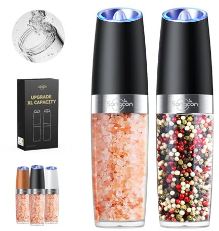 Sangcon Gravity Electric Salt and Pepper Grinder Set Mill Battery 9oz XL Capacity Refillable One Hand Operation Adjustable Coarseness Automatic Pepper Grinder Mill Set Shakers for Kitchen