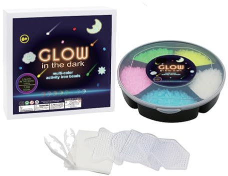 HPT Midi Bügelperlen Dose mit 7500 Leuchtperlen (Leuchtet im Dunkeln) und 5 Stiftplatten, mit Bügelpapier und Pincette (Dose Leuchtfarben Glow in the Dark)