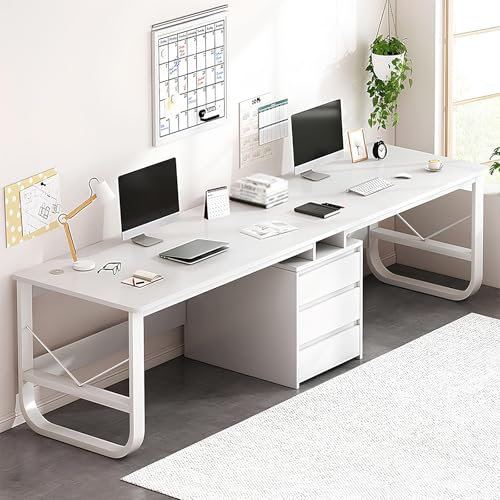Escritorio doble extra largo con cajones para escritorio de computadora y mesa de estudio de escritura para dos personas (blanco, 78.7 x 19.7 x 28.7 pulgadas)