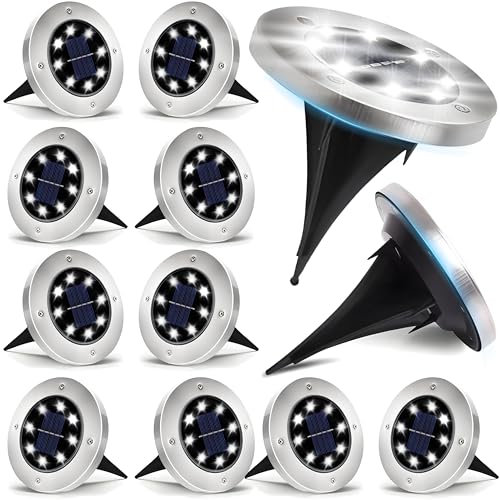 Retoo Solar Bodenleuchten 12 Stück 8 LEDs Gartenleuchte Solarleuchte Solarlampen Außen für Rasen Auffahrt Gehweg Patio Garden Stehlampe Wasserdicht IP65 Kaltweiß 8 Stunden Betriebszeit Silber