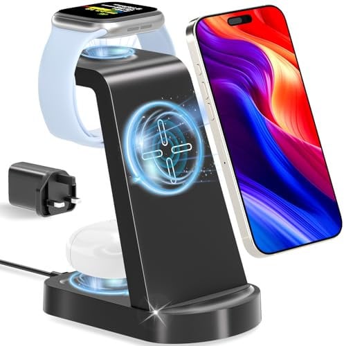 Wireless Charger 3 in 1, bakibo Wireless Charging Station Dock Stand for i Phone 16/15/14/13/12/11 Watch 10/9/8/7/6 Pro Max Plus, Air-Pods 3/2/1/pro (with Adapter), Black