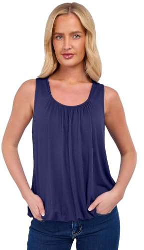 NetSetUK Women Bubble Hem Straps Vest Top Sleeveless Round Pleated Scoop Neckline Vest Summer Ladies Loose Fit Elasticated Camisole Swing Waist Top