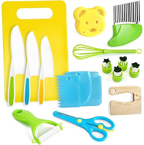 Voarge Lot de 17 couteaux de cuisine pour enfants - Avec emporte-pièces à légumes - Couteau en bois - Planche à découper - Cadeau de Noël ou d'anniversaire parfait pour les enfants