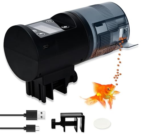 Podazz Futterautomat Aquarium, USB-Wiederaufladbarer Fischfutterautomat (200ml) mit Genauer Zeitanzeige, Automatischer Fischfutter Spender Feuchtigkeitsbeständig für Urlaub & Wochenende