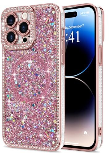 Lafunda Magnetic for iPhone 14 Pro Case Glitter Bling Luxury, Pink | Sparkly Rhinestone Diamonds Case, Compatible with MagSafe, for Women Girls Soft TPU Slim Shockproof Protective Phone Cover