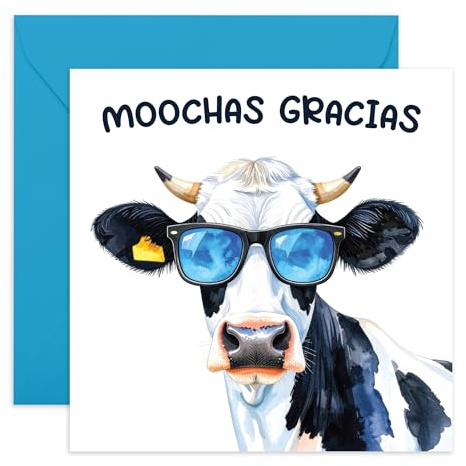 Dankeskarte – Moochas Gracias Kuh mit Sonnenbrille – Humorvolle Wertschätzungskarte für Freunde, Mama, Papa, Nachbarn, Kollegen, Lehrer, Ihn, Sie – kommt mit lustigen Aufklebern
