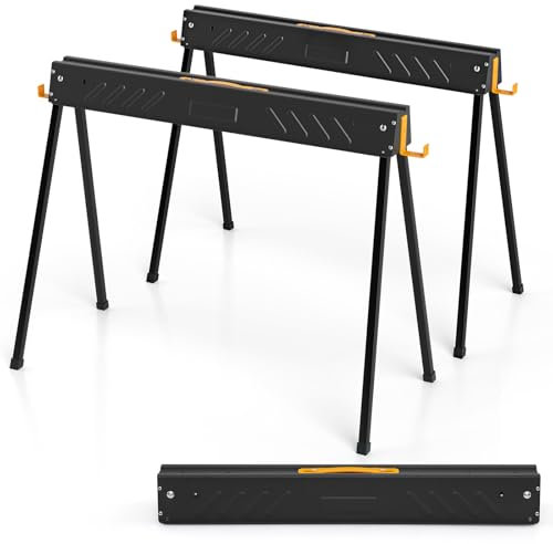 COSTWAY Folding Saw Horse Twin Pack, 1000kg Total Capacity Heavy Duty Workbench with 2 x 4 Support Arms & Carry Handle, Fully Assembled Metal Trestle Stands Sawhorse for Sawing Work